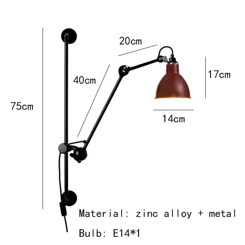Industrial black matte wall lamp bedroom adjustable arm reading light