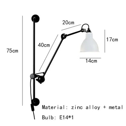Industrial black matte wall lamp bedroom adjustable arm reading light