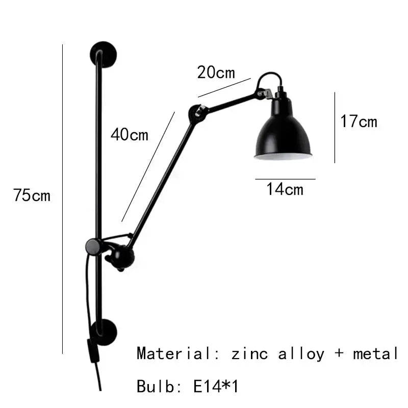 Industrial black matte wall lamp bedroom adjustable arm reading light