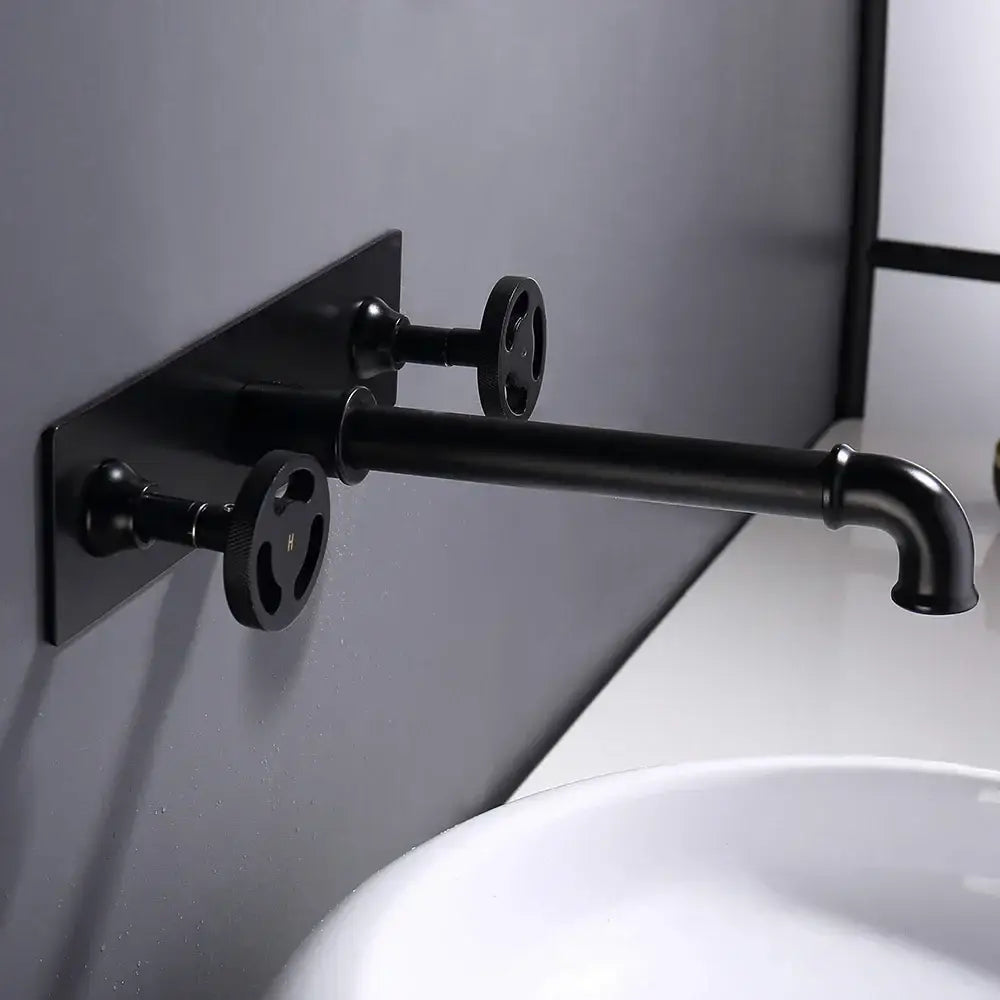 Industrial black matte wall mounted basin faucet bathroom mixer tap