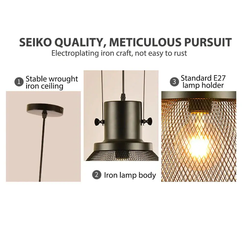 Industrial black mesh cage pendant light for dining room