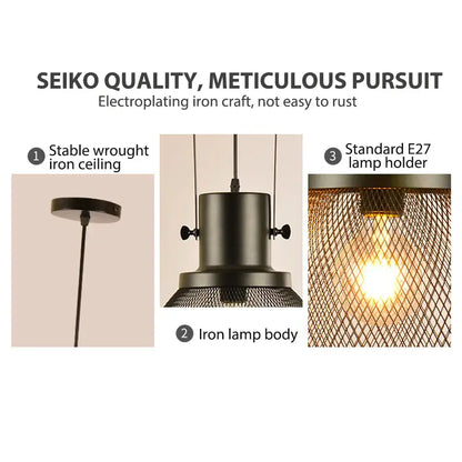 Industrial black mesh cage pendant light for dining room