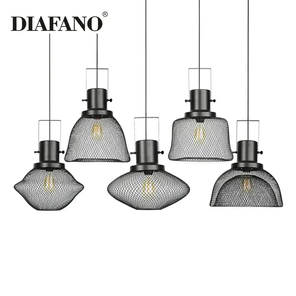 Industrial black mesh cage pendant light for dining room