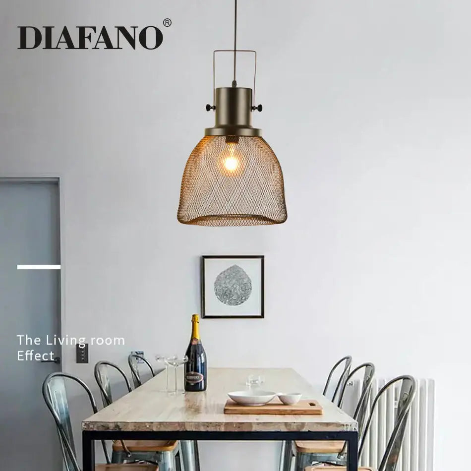 Industrial black mesh cage pendant light for dining room