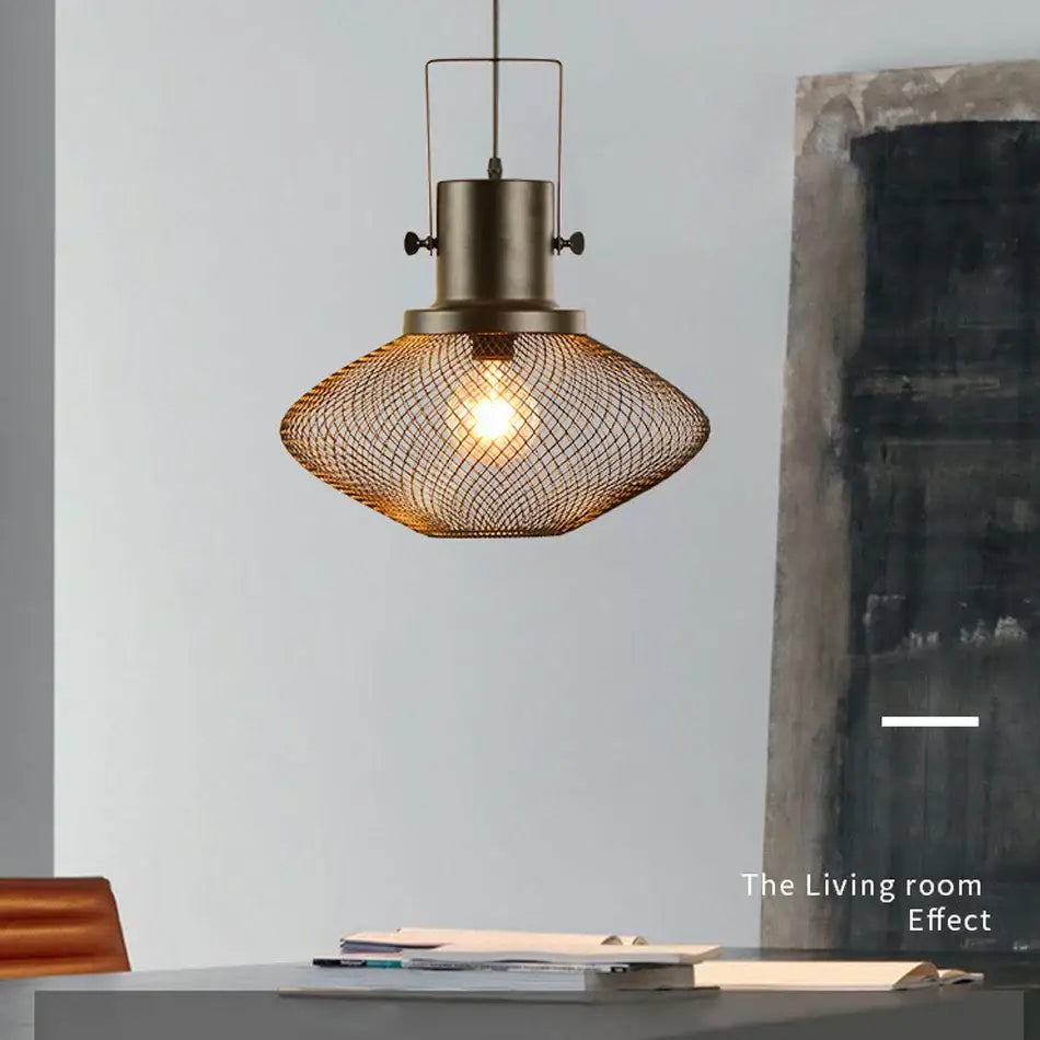 Industrial black mesh cage pendant light for dining room