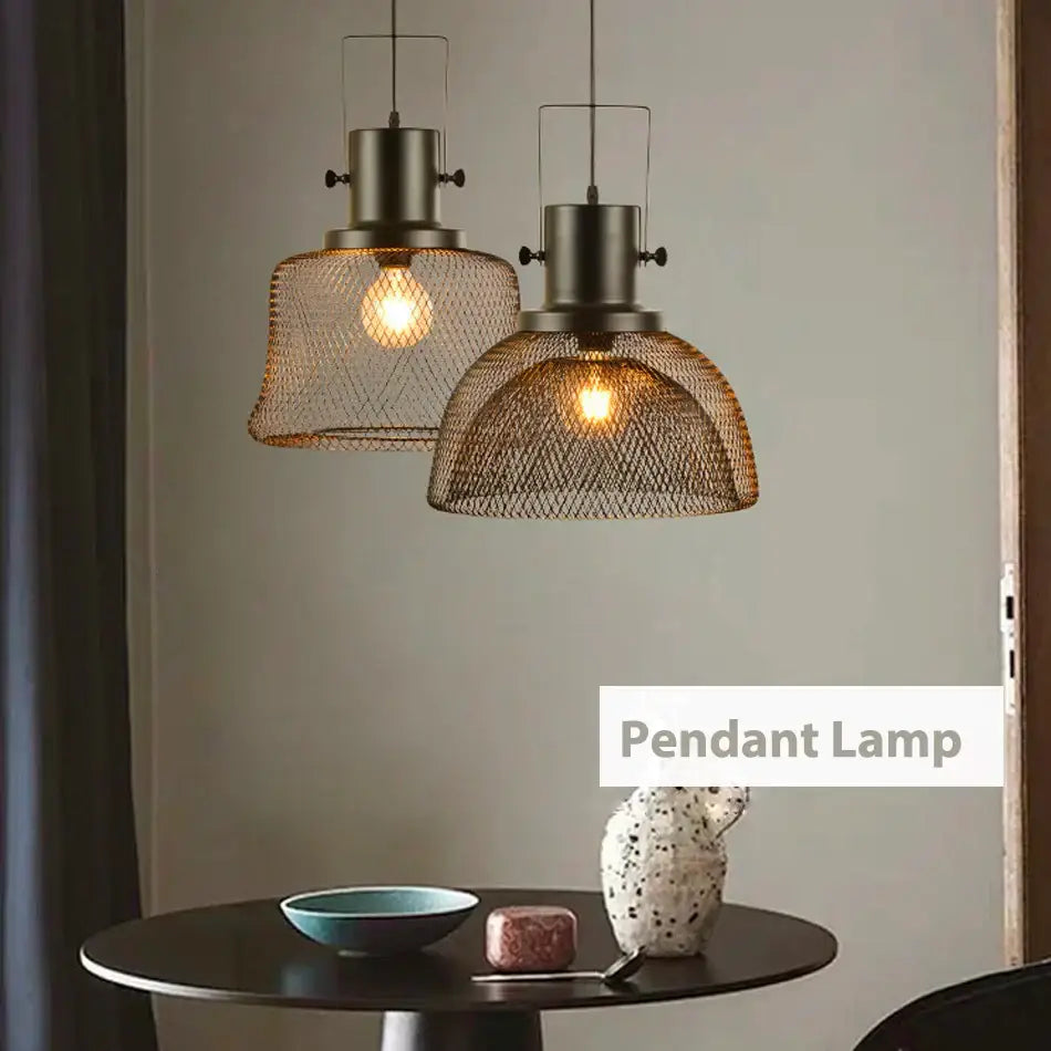 Industrial black mesh cage pendant light for dining room