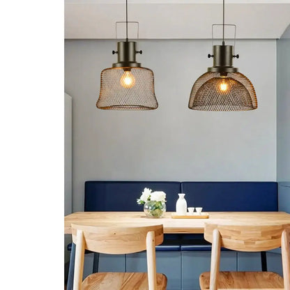 Industrial black mesh cage pendant light for dining room