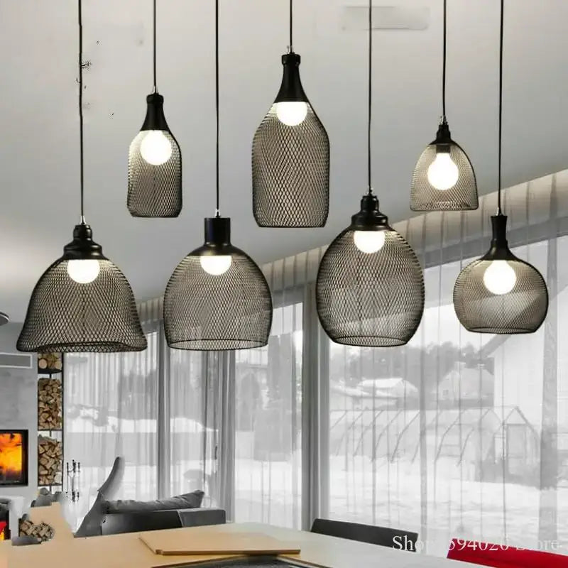 Industrial black mesh pendant light dining room birdcage chandelier