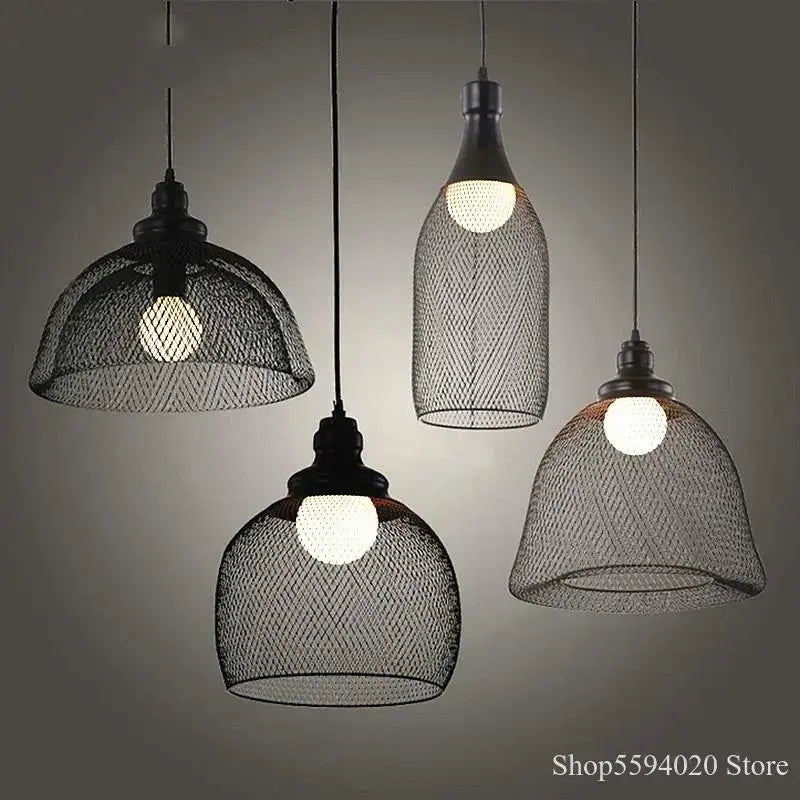 Industrial black mesh pendant light dining room birdcage chandelier