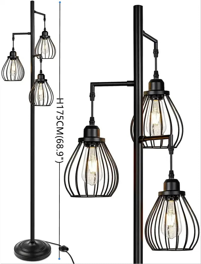 Industrial black metal 3 light led birdcage floor lamp bedroom