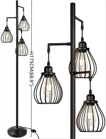 Industrial black metal 3 light led birdcage floor lamp bedroom