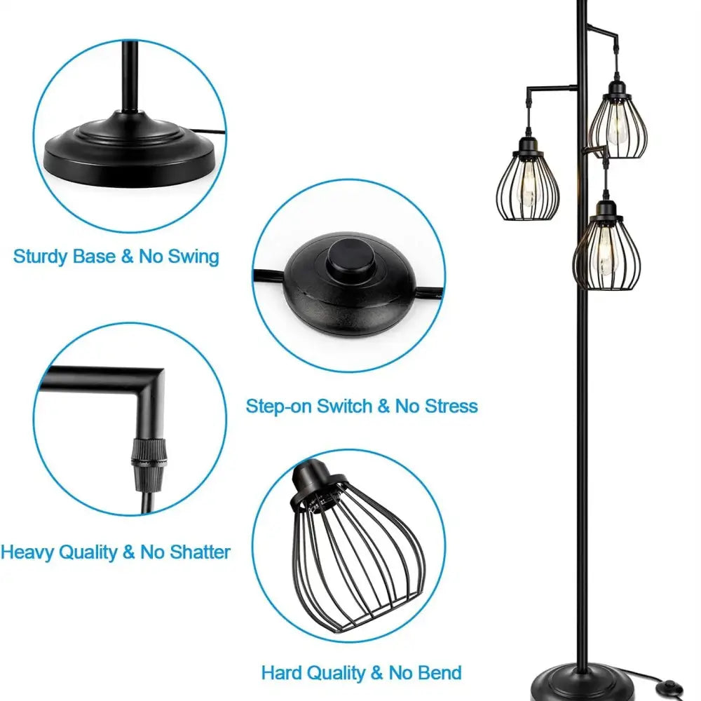 Industrial black metal 3 light led birdcage floor lamp bedroom