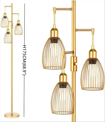 Industrial black metal 3 light led birdcage floor lamp bedroom