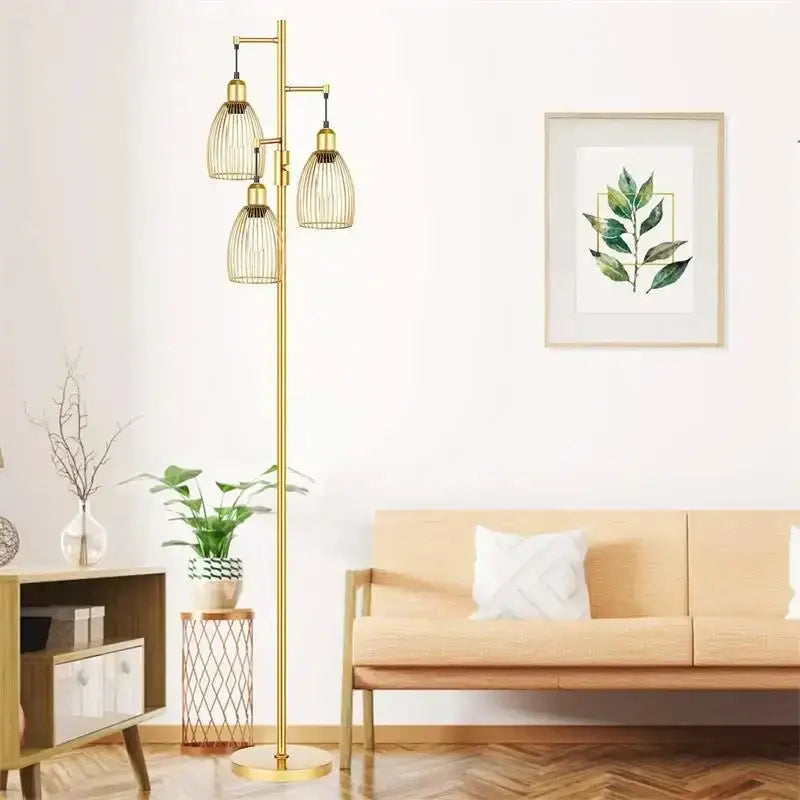 Industrial black metal 3 light led birdcage floor lamp bedroom