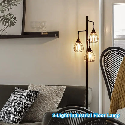 Industrial black metal 3 light led birdcage floor lamp bedroom