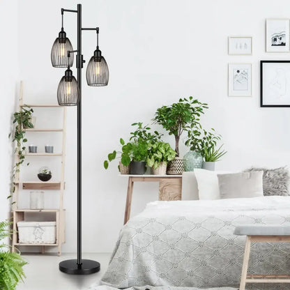 Industrial black metal 3 light led birdcage floor lamp bedroom