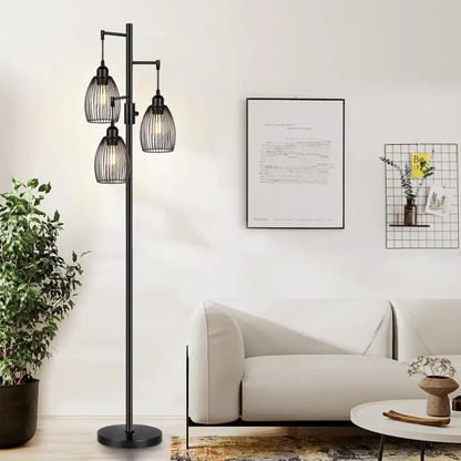 Industrial black metal 3 light led birdcage floor lamp bedroom