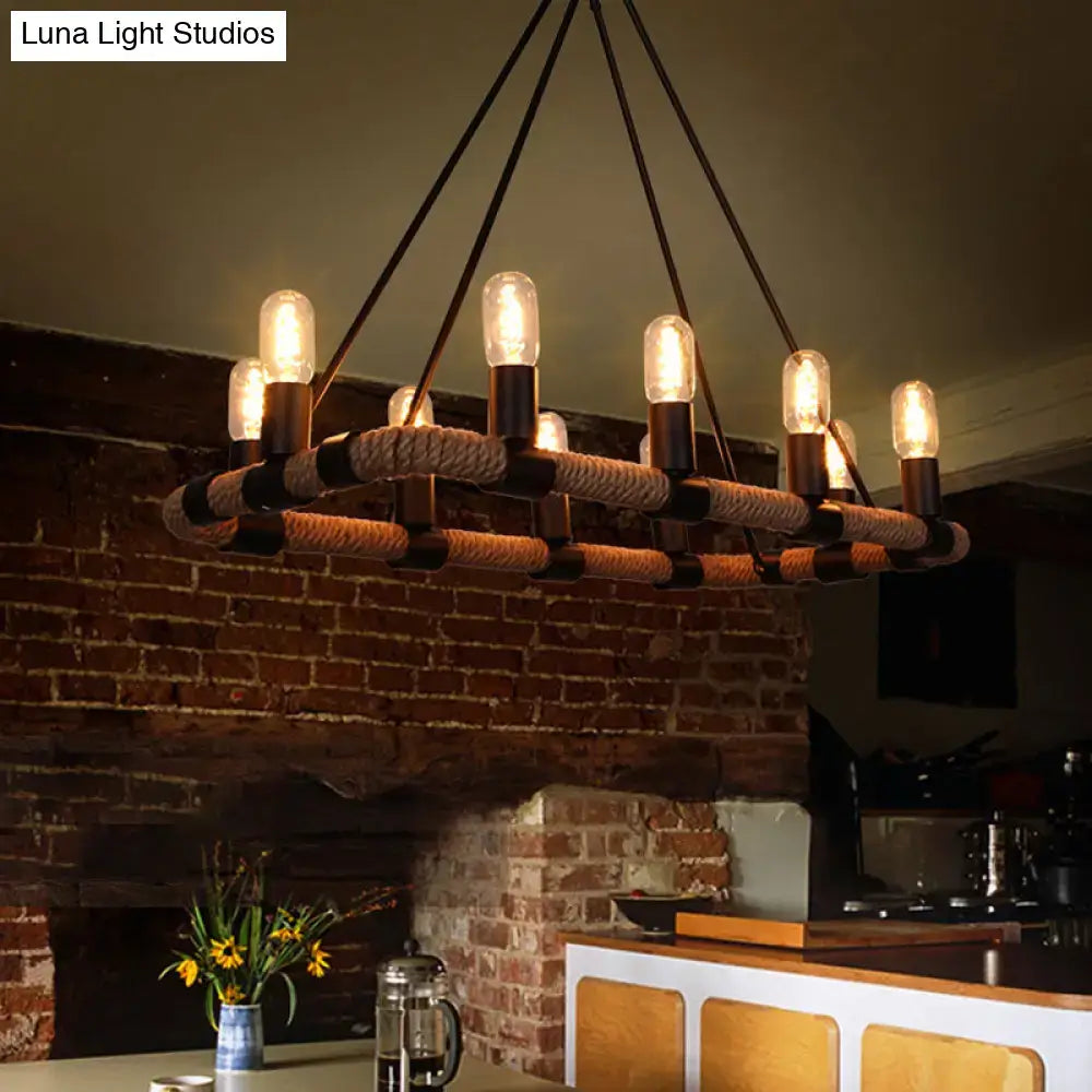 Industrial black metal and rope chandelier dining room e26 e27 bulbs