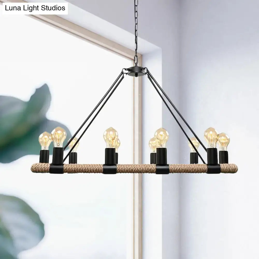 Industrial black metal and rope chandelier dining room e26 e27 bulbs