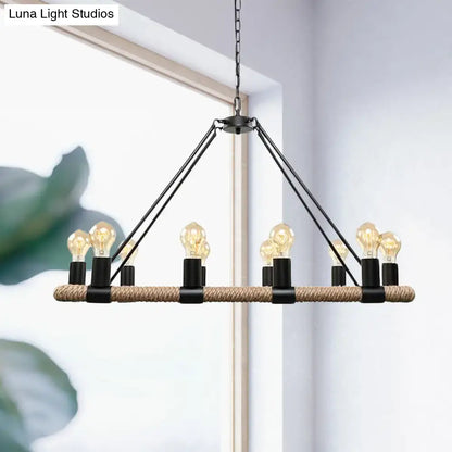 Industrial black metal and rope chandelier dining room e26 e27 bulbs