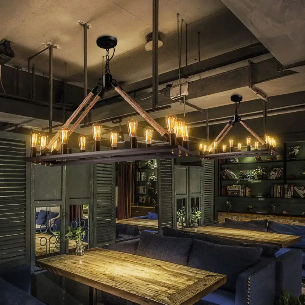 Industrial black metal and rope chandelier dining room e26 e27 bulbs