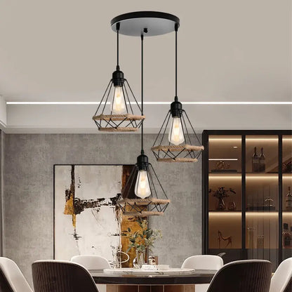 Industrial black metal and rope hanging lamp kitchen pendant light