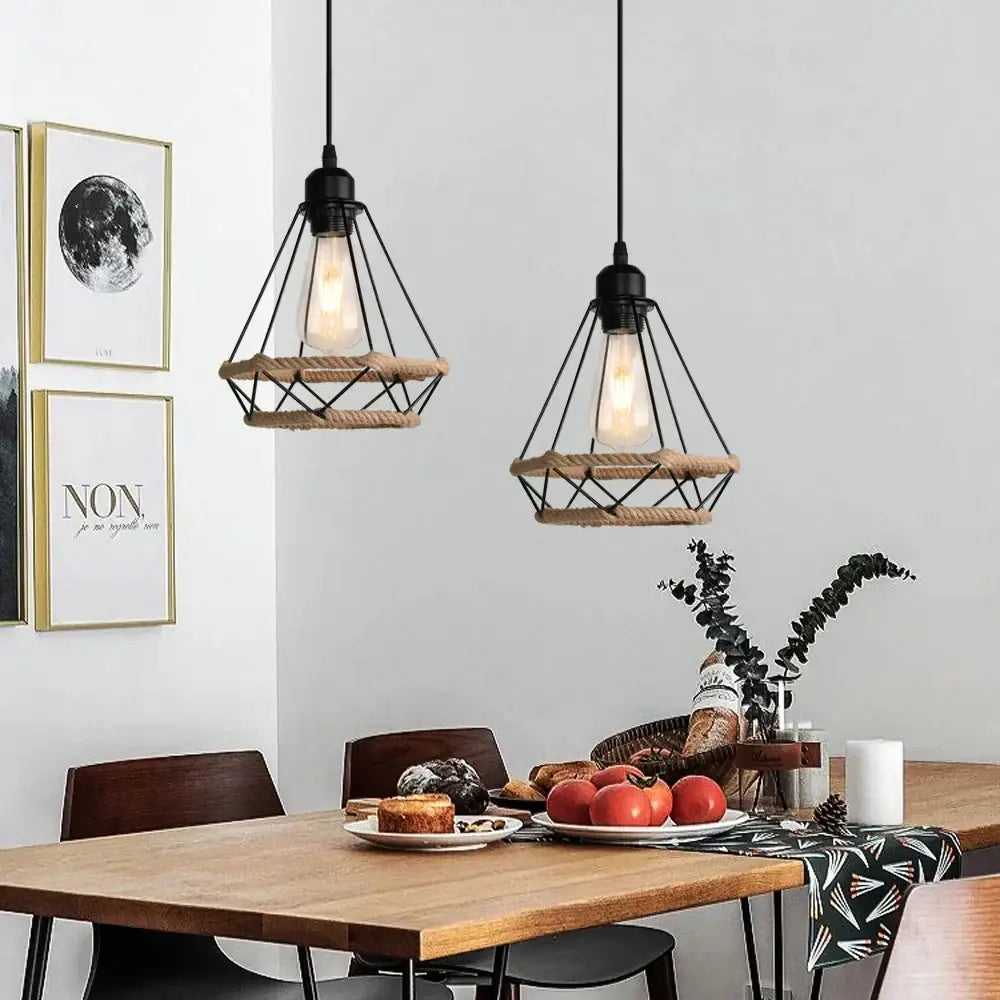Industrial black metal and rope hanging lamp kitchen pendant light