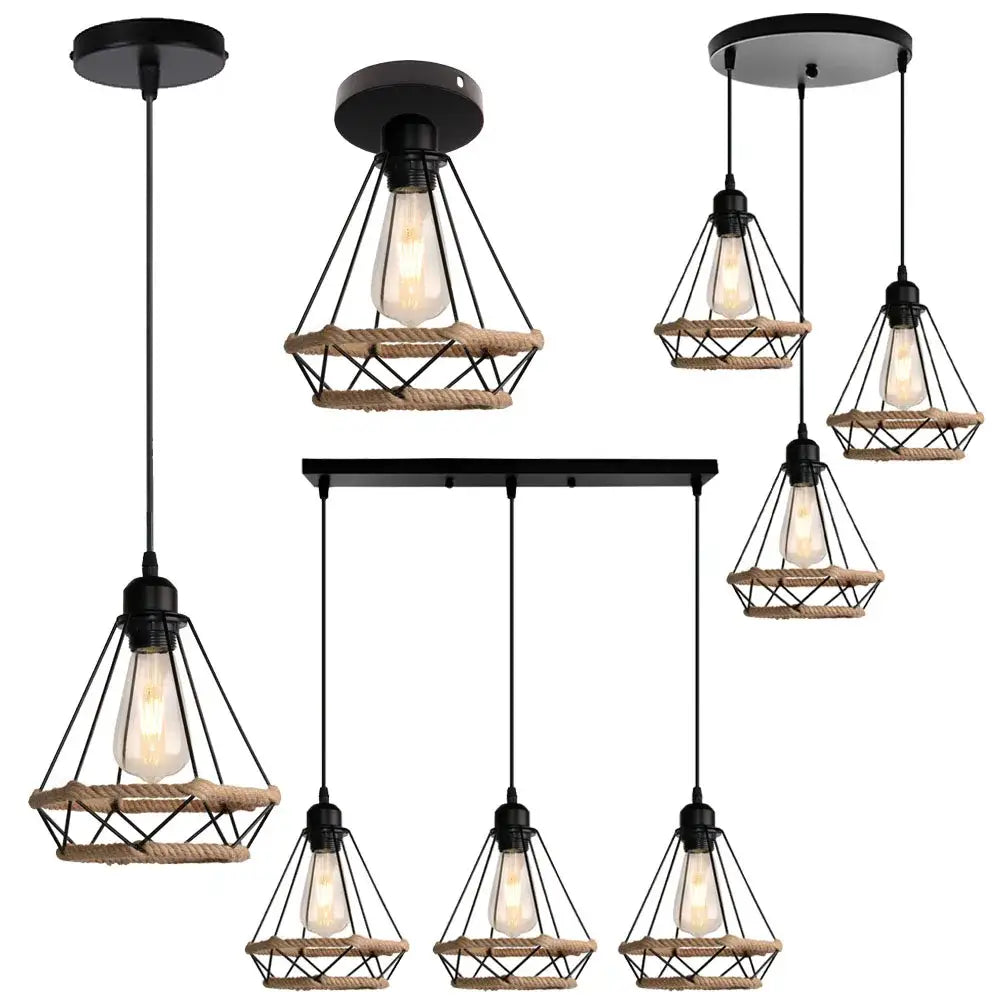 Industrial black metal and rope hanging lamp kitchen pendant light