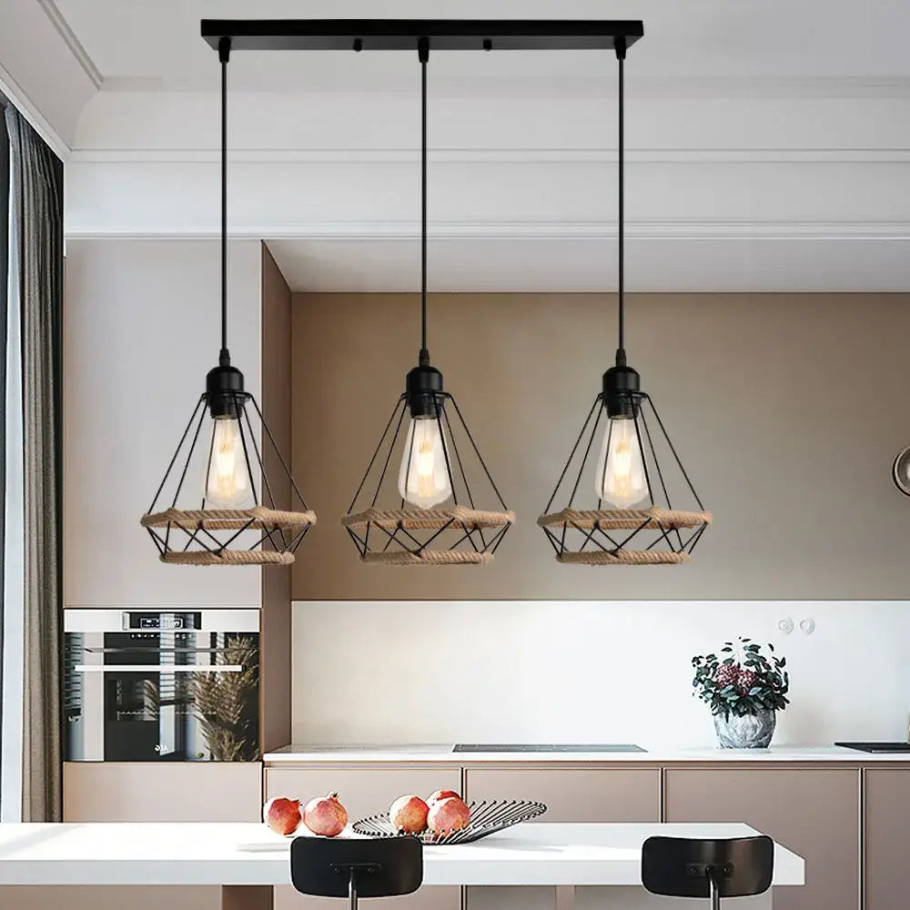 Industrial black metal and rope hanging lamp kitchen pendant light