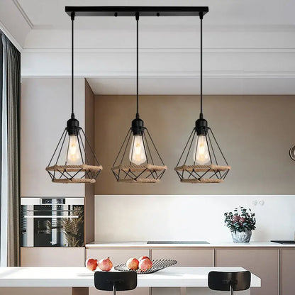 Industrial black metal and rope hanging lamp kitchen pendant light
