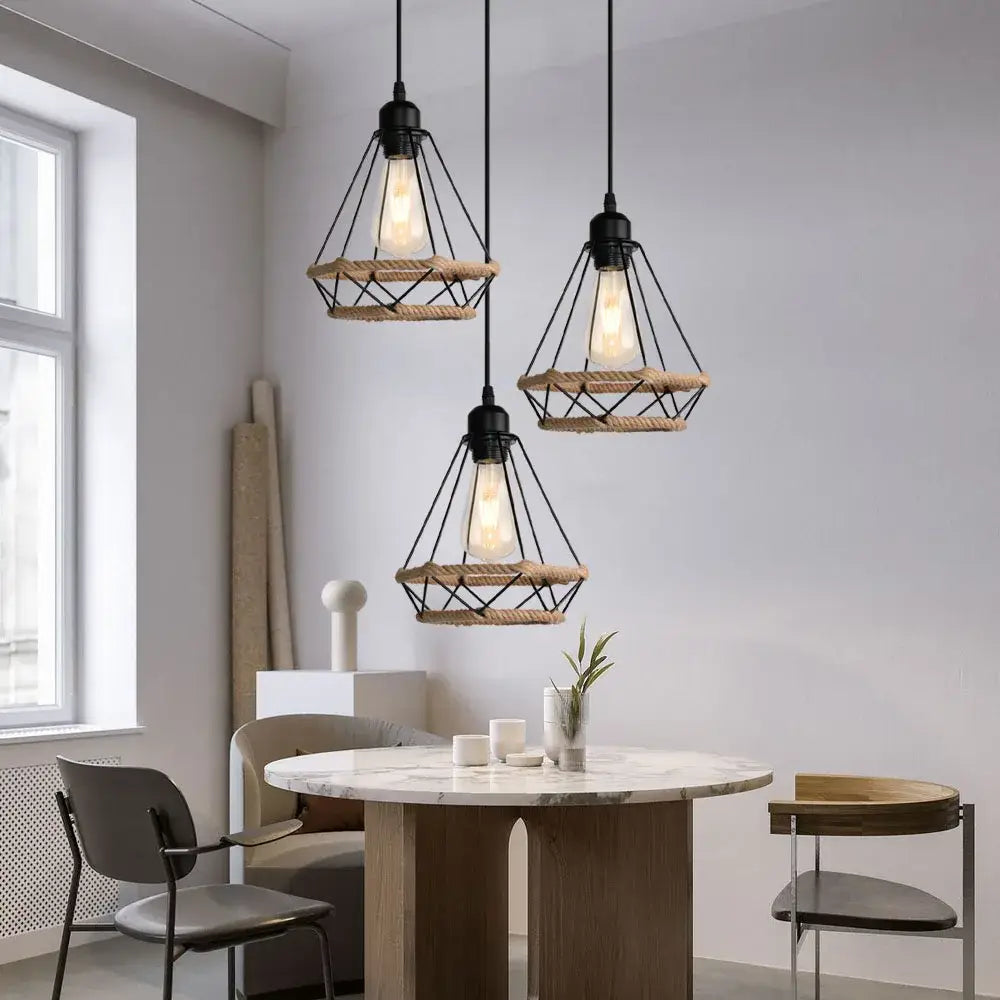 Industrial black metal and rope hanging lamp kitchen pendant light
