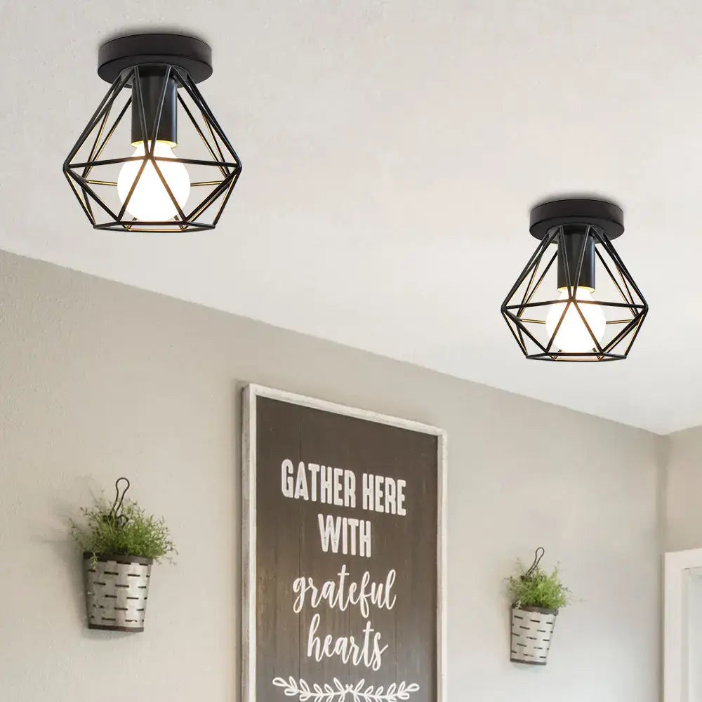 Industrial black metal cage ceiling light kitchen fixture