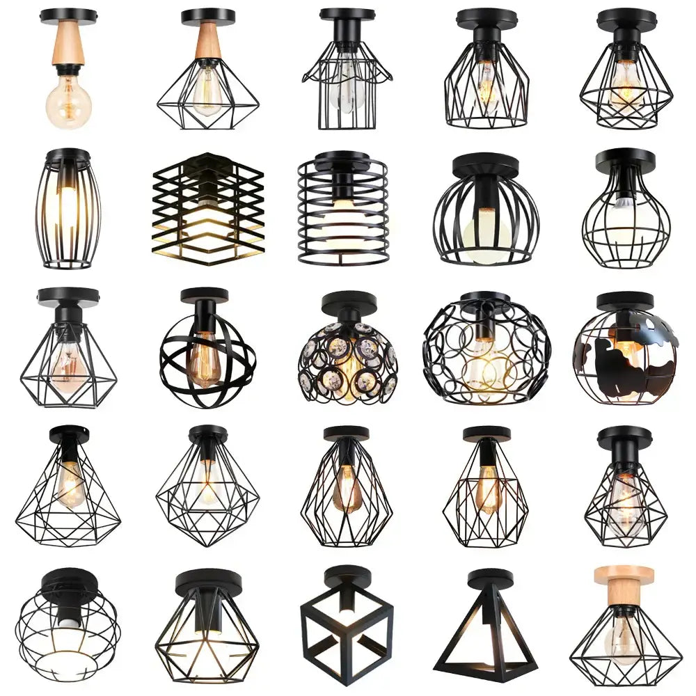 Industrial black metal cage ceiling light kitchen fixture