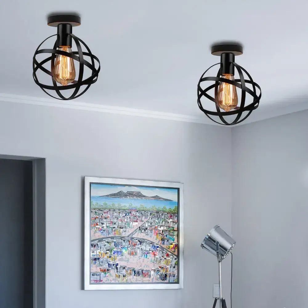 Industrial black metal cage ceiling light kitchen fixture