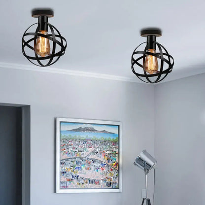 Industrial black metal cage ceiling light kitchen fixture