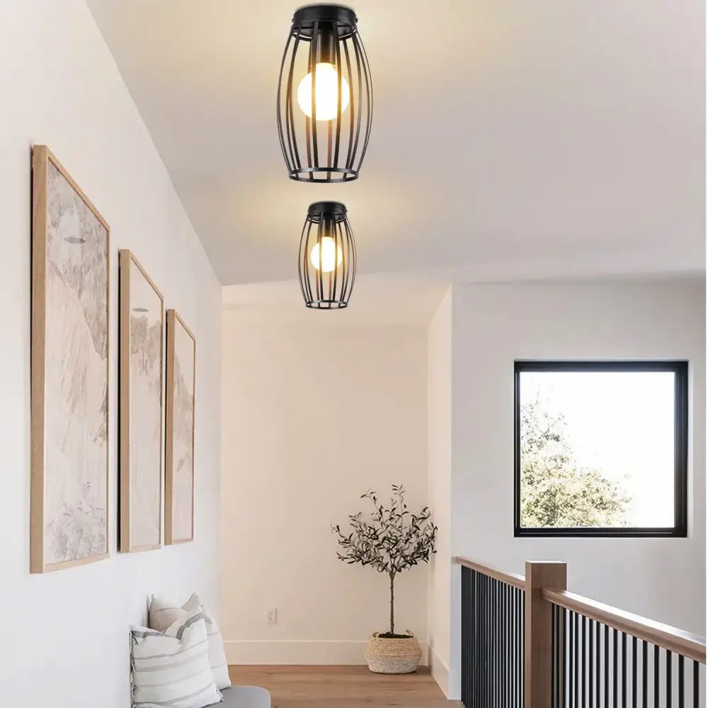 Industrial black metal cage ceiling light kitchen fixture