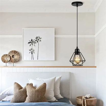 Industrial black metal cage mini pendant light dining room