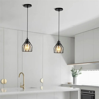 Industrial black metal cage mini pendant light dining room
