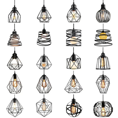 Industrial black metal cage mini pendant light dining room