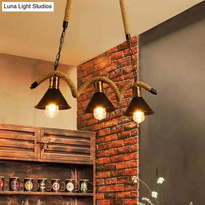 Industrial black metal conical island ceiling light kitchen rope pendant