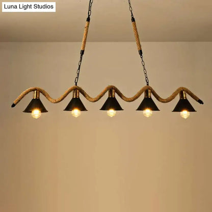 Industrial black metal conical island ceiling light kitchen rope pendant