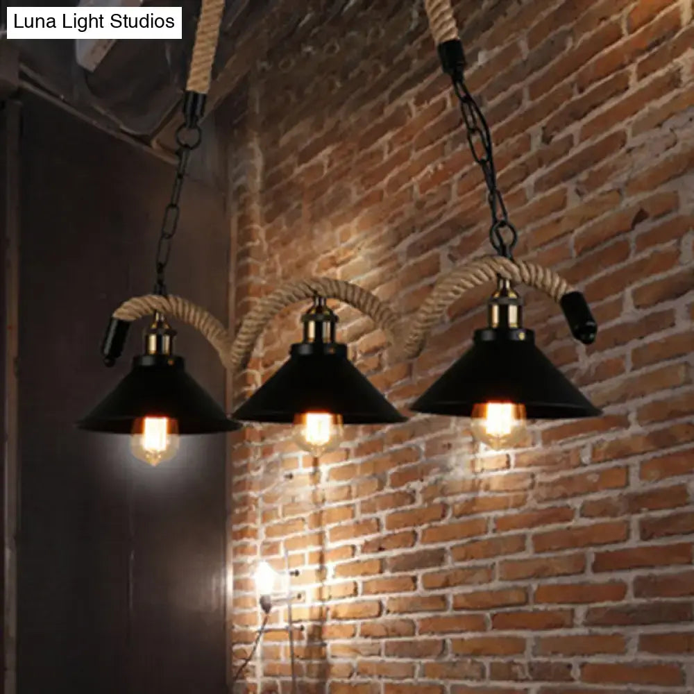 Industrial black metal island chandelier kitchen rope pendant light