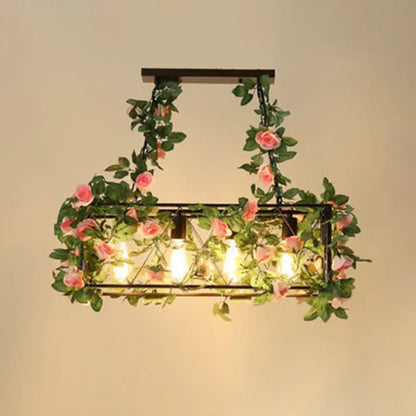 DecorBites™ Industrial Black Metal Island Lamp with 4-Light Rectangle Design and Stylish Faux Plant Decor