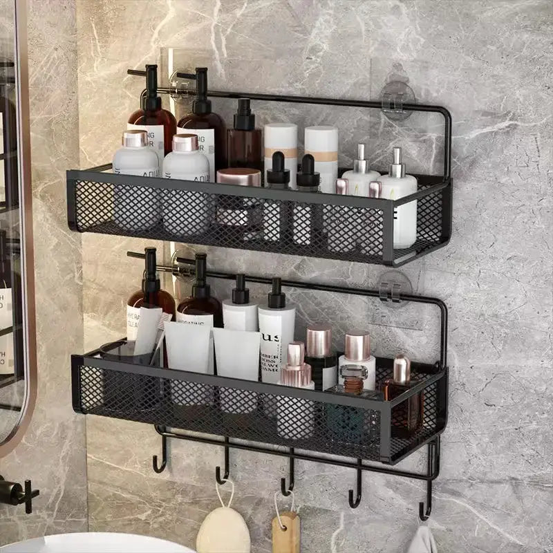 Industrial black metal mesh two tier wall shelf organizer kitchen rack