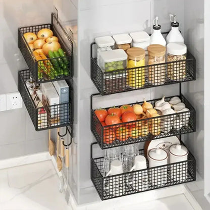 Industrial black metal mesh two tier wall shelf organizer kitchen rack