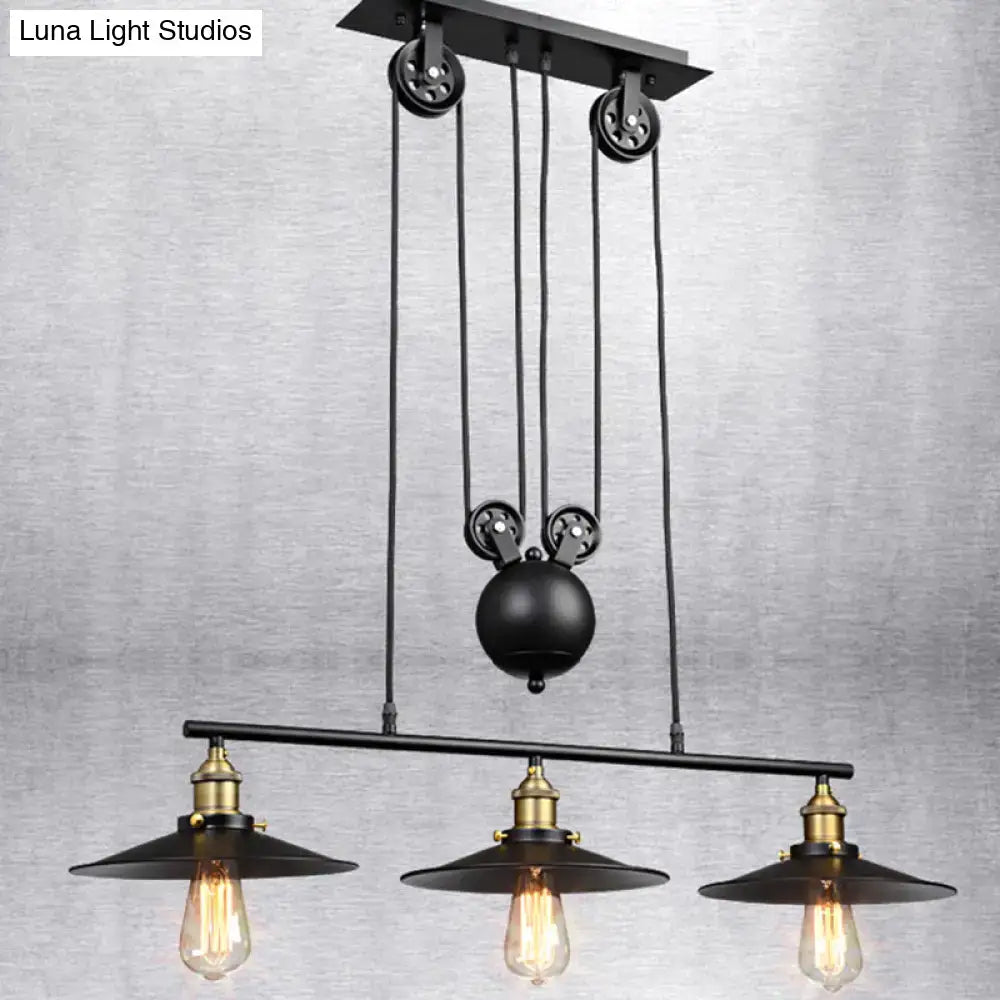 Industrial black metal pulley pendant light – kitchen island set of 3