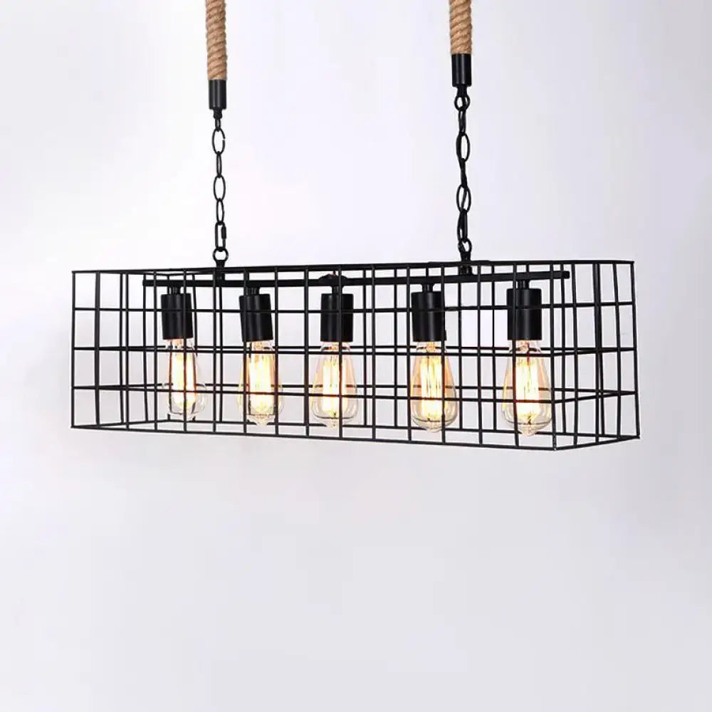 Industrial black metal rectangle cage hanging lamp bar & dining room