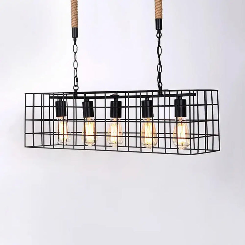 Industrial black metal rectangle cage hanging lamp bar & dining room