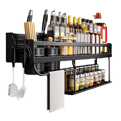 Industrial black metal two tier kitchen organizer wall spice storage rack