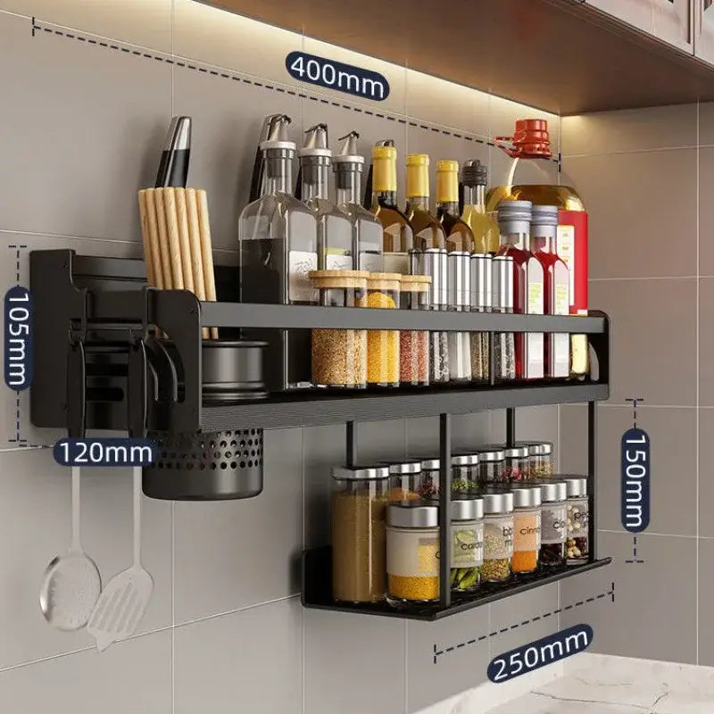 Industrial black metal two tier kitchen organizer wall spice storage rack